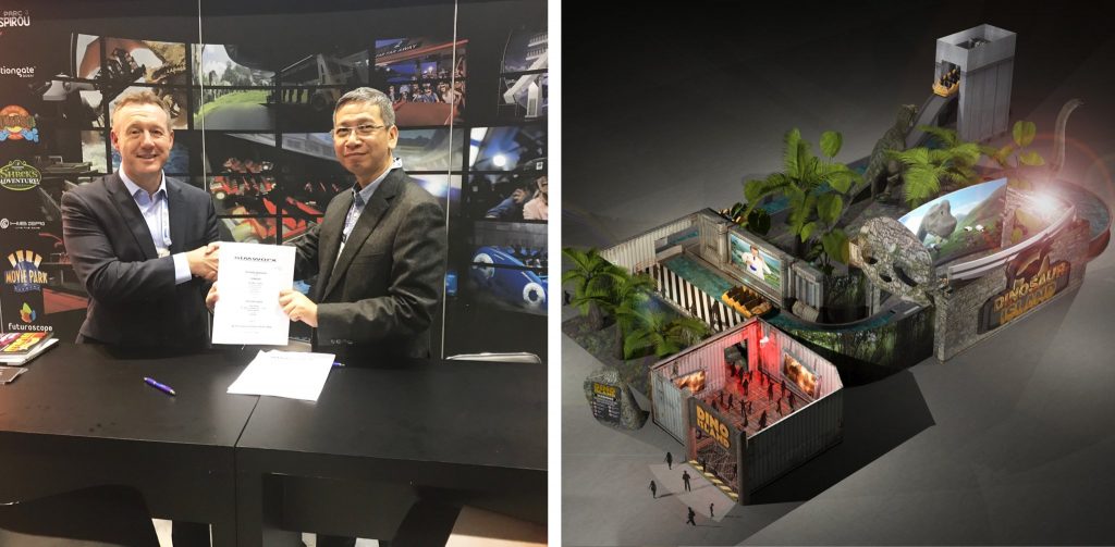 Przedstawiciele obu zespołów oraz wizualizacja atrakcji (fot. Simworx)