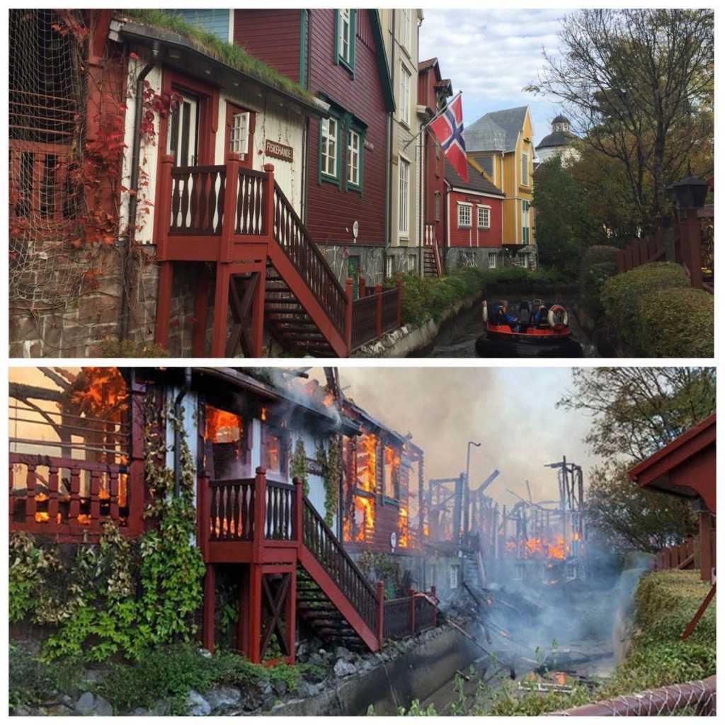 Zabudowania i rynna wodnej atrakcji Fjord Rafting przed i po pożarze (fot. NickydeWaal, Twitter)